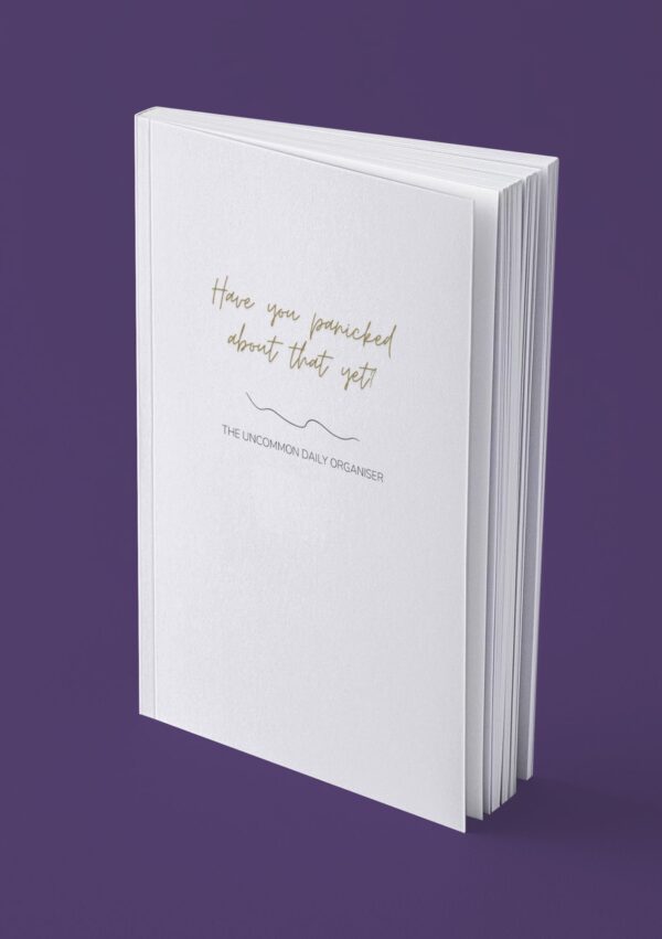 Mock up image of paperback funny unmotivating project planner sitting on a desk. light blue matte cover