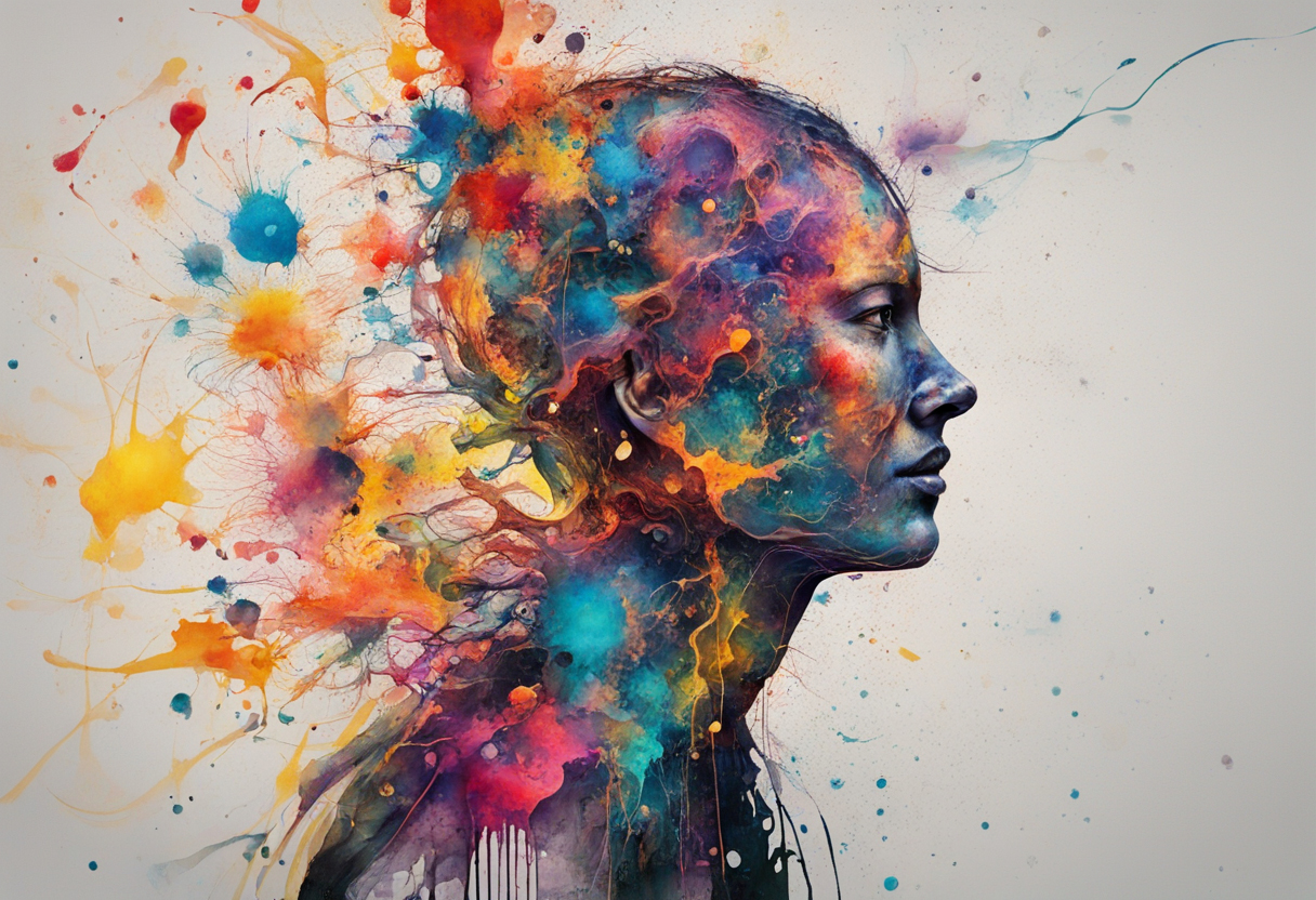 Ink style art image of black and white person, with splatters of colours