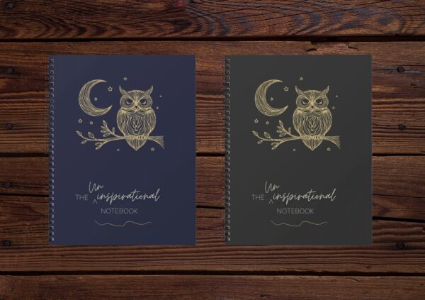 Uninspirational Notebooks Night Owl covers mock up sample image of two notebooks on wood background.