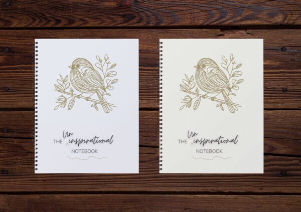 Uninspirational Notebooks Early Bird cover in Beige and pale blue. Two notebook with cute bird line art covers. Mock up image.