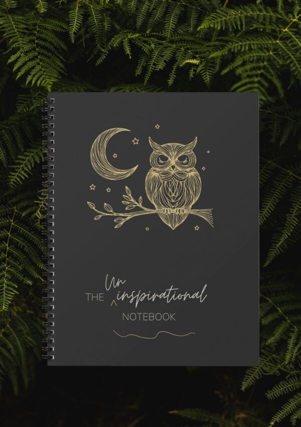 Uninspirational Notebook Night Owl Black cover mock up sample image.