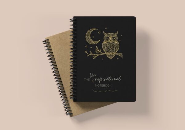Uninspirational Notebook Night Owl Black cover mock up sample image.