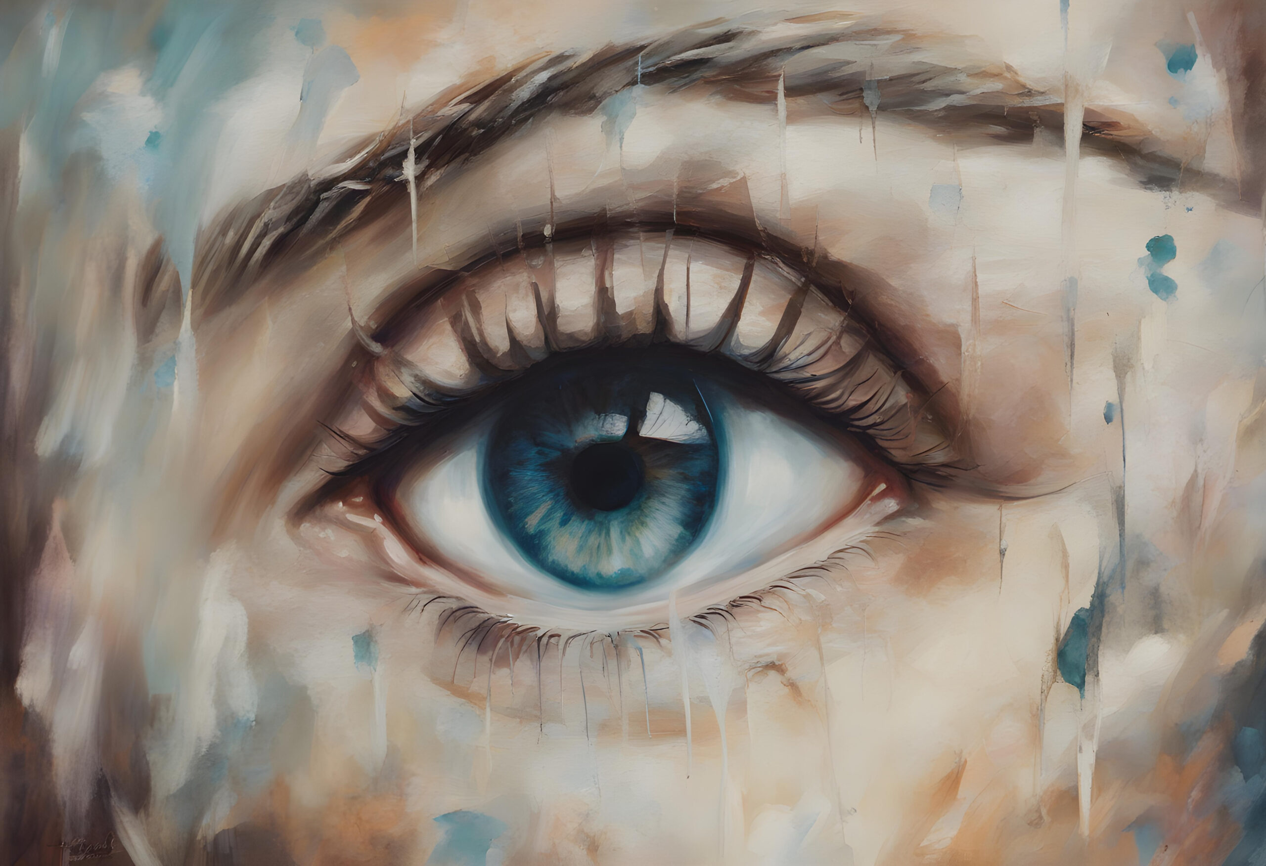Ink style art image of a green blue eye up close