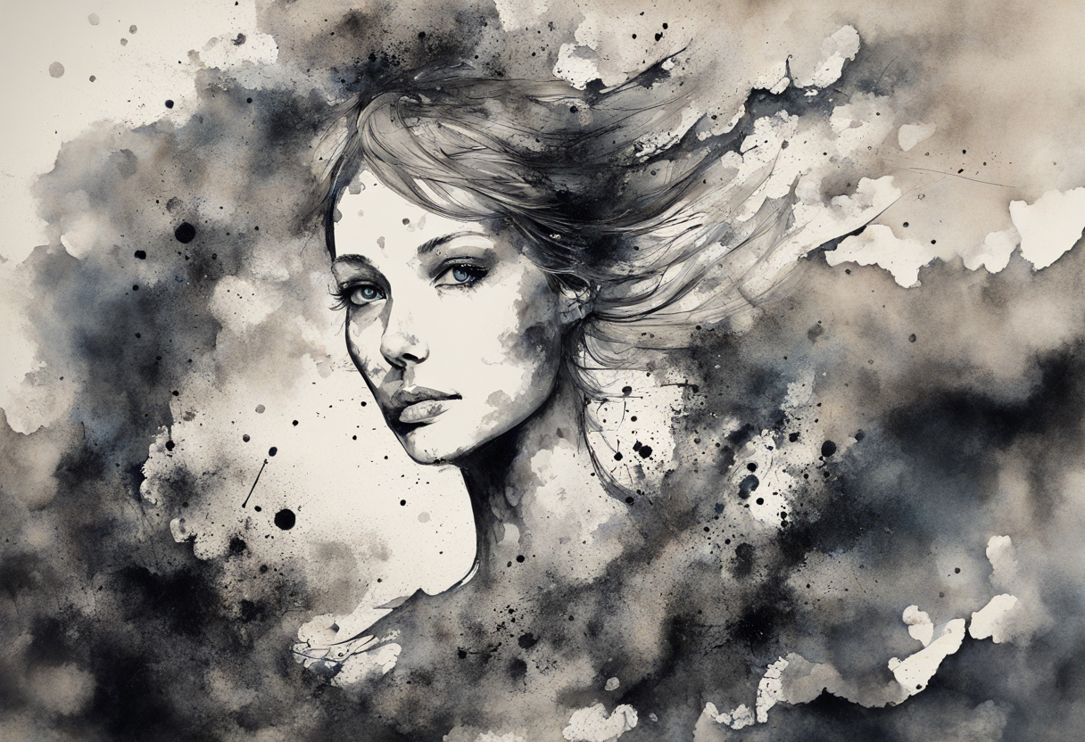 Ink style art image of black and white woman's face, abstract style.