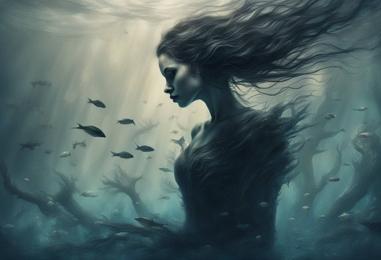 realistic style art image of underwater person, woman underwater with fish in background.