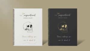 The Uninspirational Weekly Diary mock up images light and dark skull cover "There's nothing you can do about it"