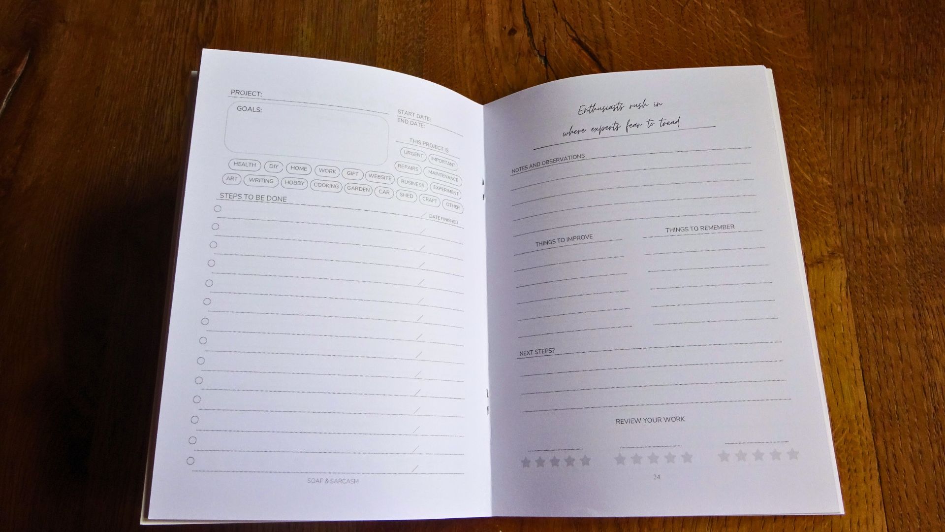 Photo of The Unhelpful Mini Project Planner Saddle Stitched book laying open on a table